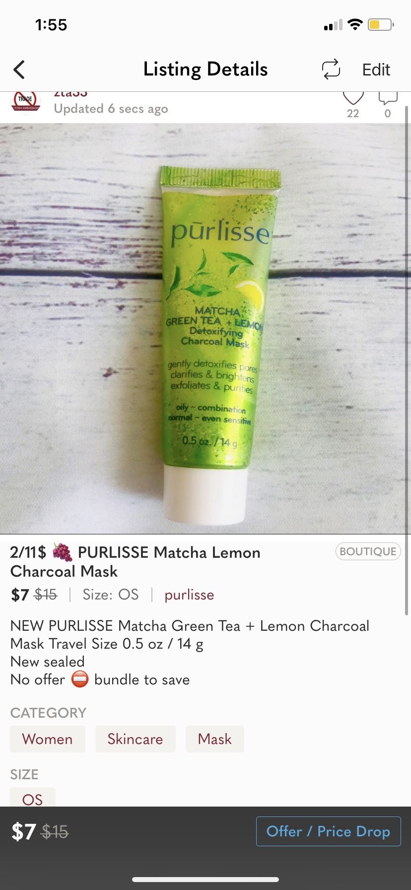 NEW PURLISSE Matcha Green Tea + Lemon Charcoal Mask Travel Size 0.5 oz / 14 g
