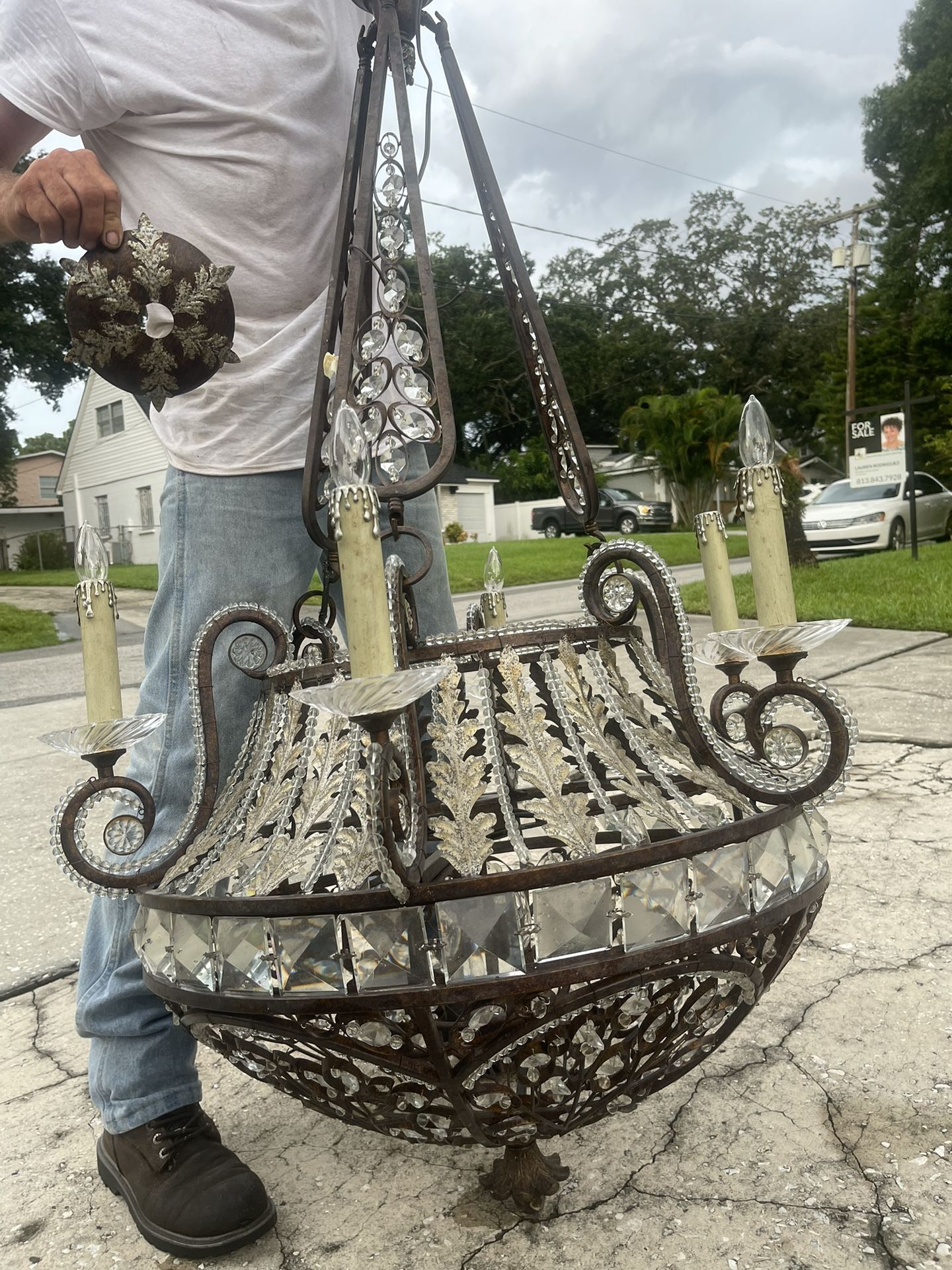 Large Antique Bronze And Crystal Chandelier