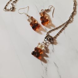 Teddy Bears Necklace Pendant Earrings Set Handmade