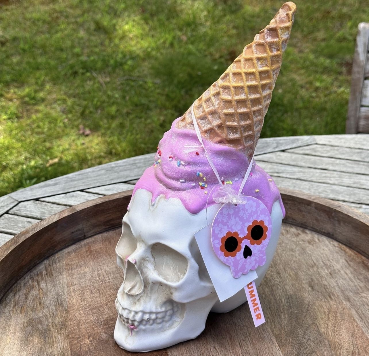 Summerween Skull Pink Melted Ice Cream Cone Decor Spinkles Halloween Spooky New
