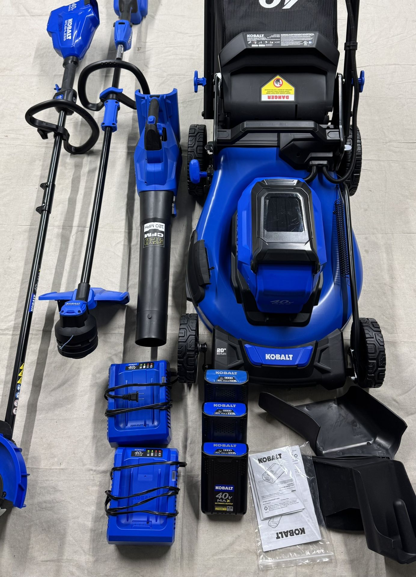 Kobalt 40v Push Lawn Mower Outdoor Power Tool Combo Kit. Included Edger, Blower, Mower, Weed Eater