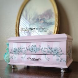 Large Chest Style Refinished Pink Floral Jewelry Box