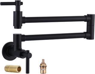 Pot Filler Faucet Wall Mount, Folding Kitchen Faucet with Double Joint Swing Arm, Single Hole Stretchable Brass Faucet with 2 Handles, Black Pot Fille
