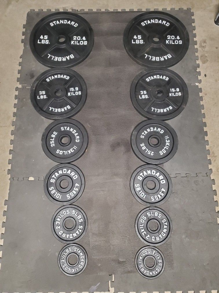Complete Olympic Weight Set(2x45lbs 2x35lbs 2x25lbs 2x10lbs 2x5lbs 2x2½) Thats 245lbs All Together