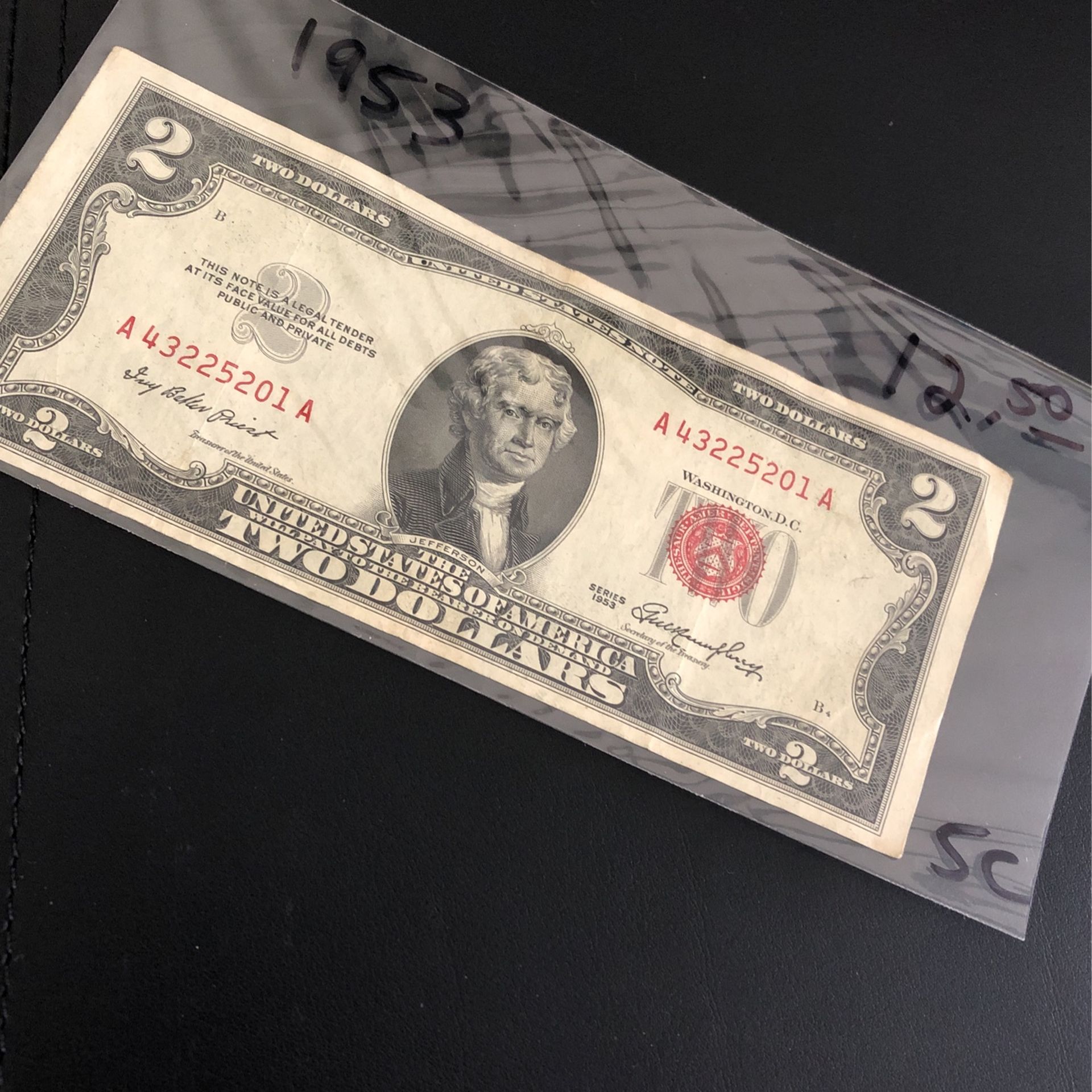 Vintage 1953 Red Seal 2 Dollar Bill