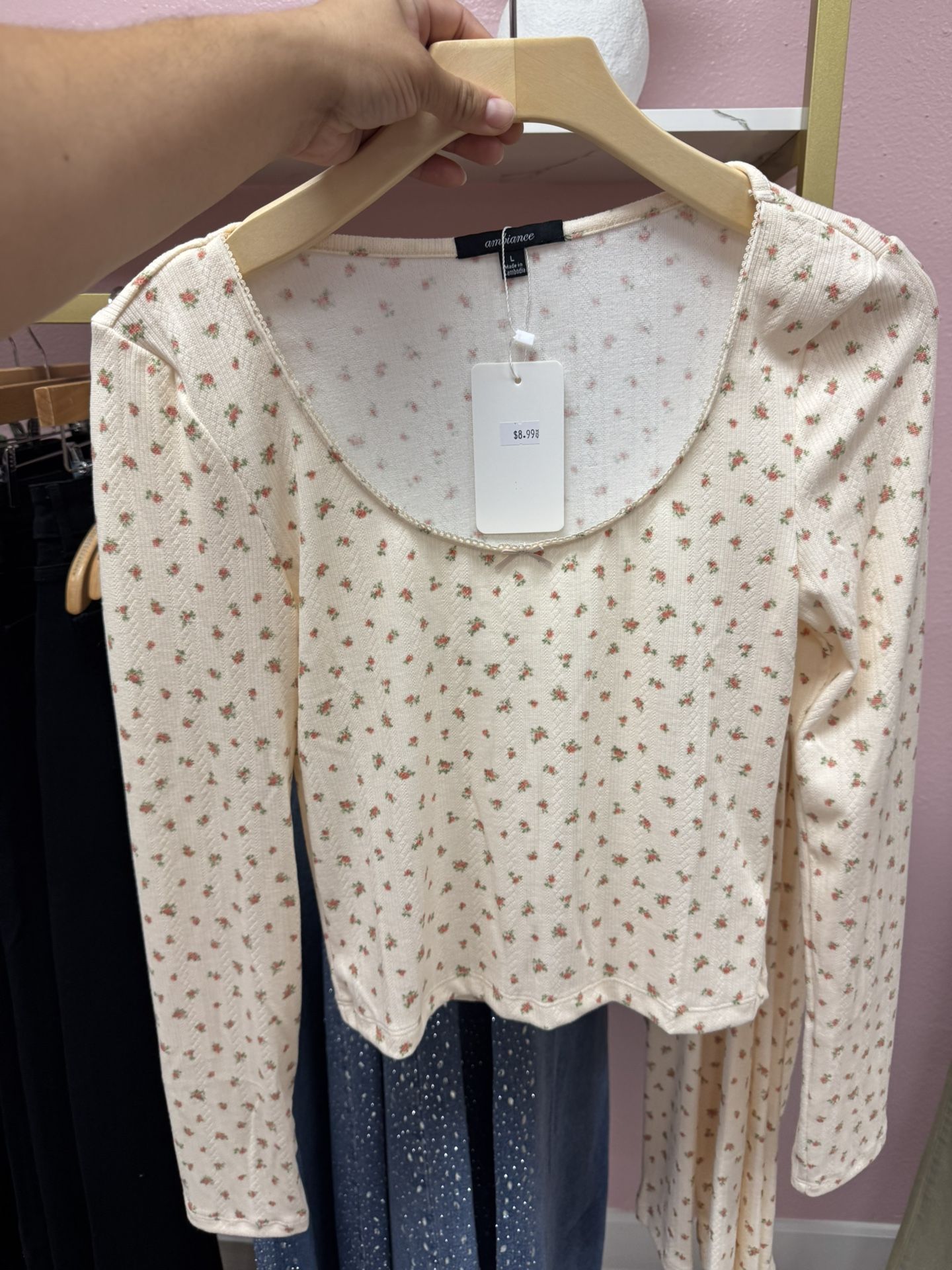 Ivory Ditsy Floral Lace Trim Long Sleeve Top