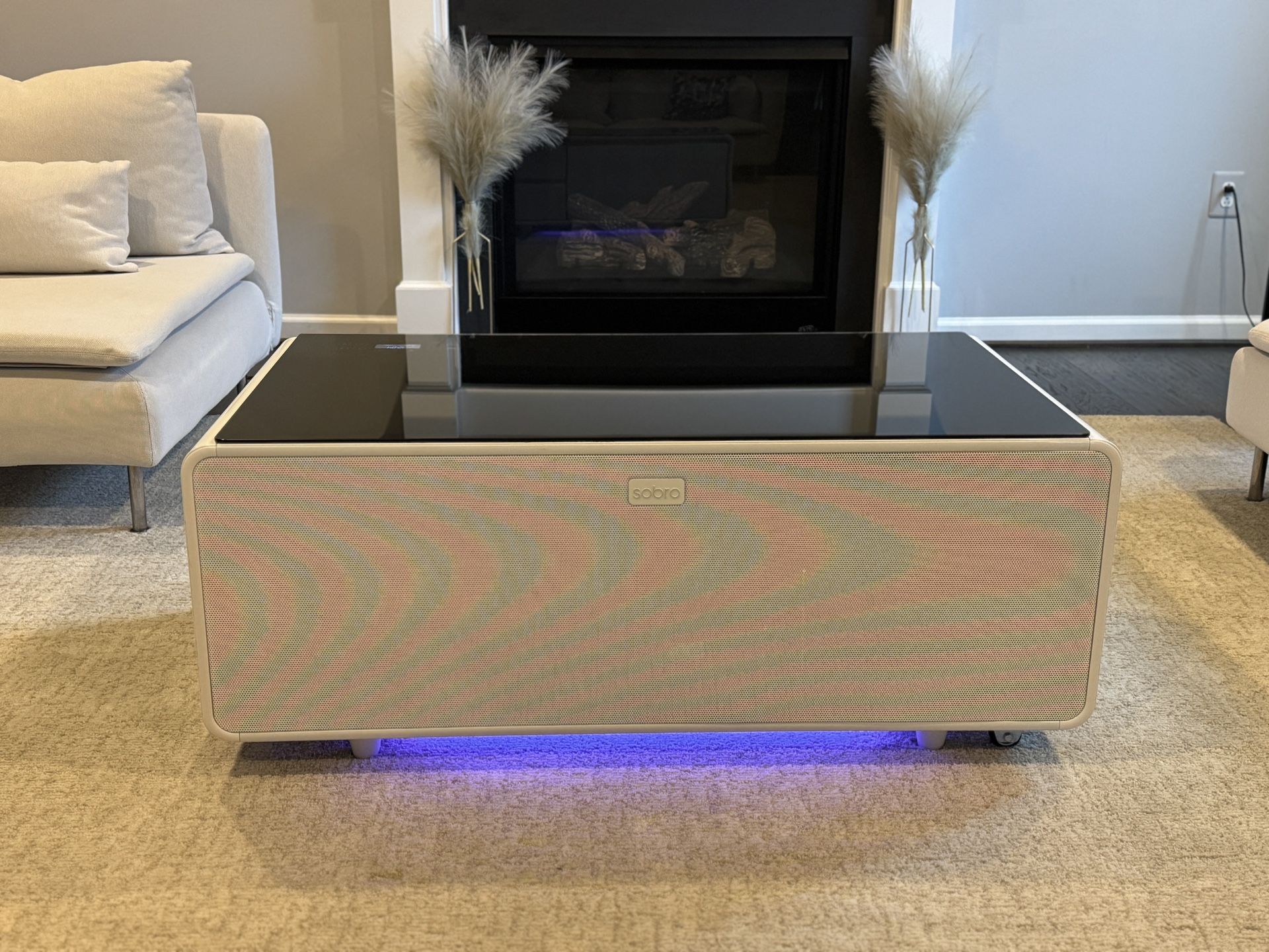 Sobro Smart Coffee Table with Refrigerator & LED Lighting – White/Black – Gently Used 