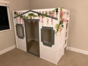 Twin Size Wood House Loft Bed with Ladder, Kids Playhouse Bed with Window