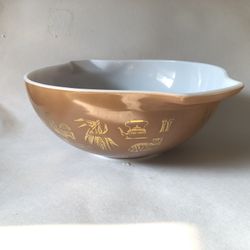Vintage PYREX Early American Cinderella Mixing Bowl 1960s Brown & Gold Metallic Pattern Large 4-Quart Milk Glass Dish #444 Collectible Pyrex