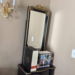 Beautiful two piece mirror with cabinets and table with cabinets