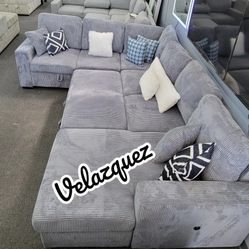 ✅️✅️Dark grey corduroy fabric sectional sofa with storage chaise and love seat and pop up sleep area in center USB charging✅️