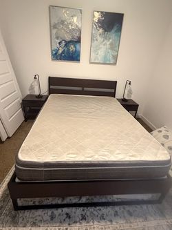 Queen bed frame, mattress, box spring, bed side tables and lamps for $150