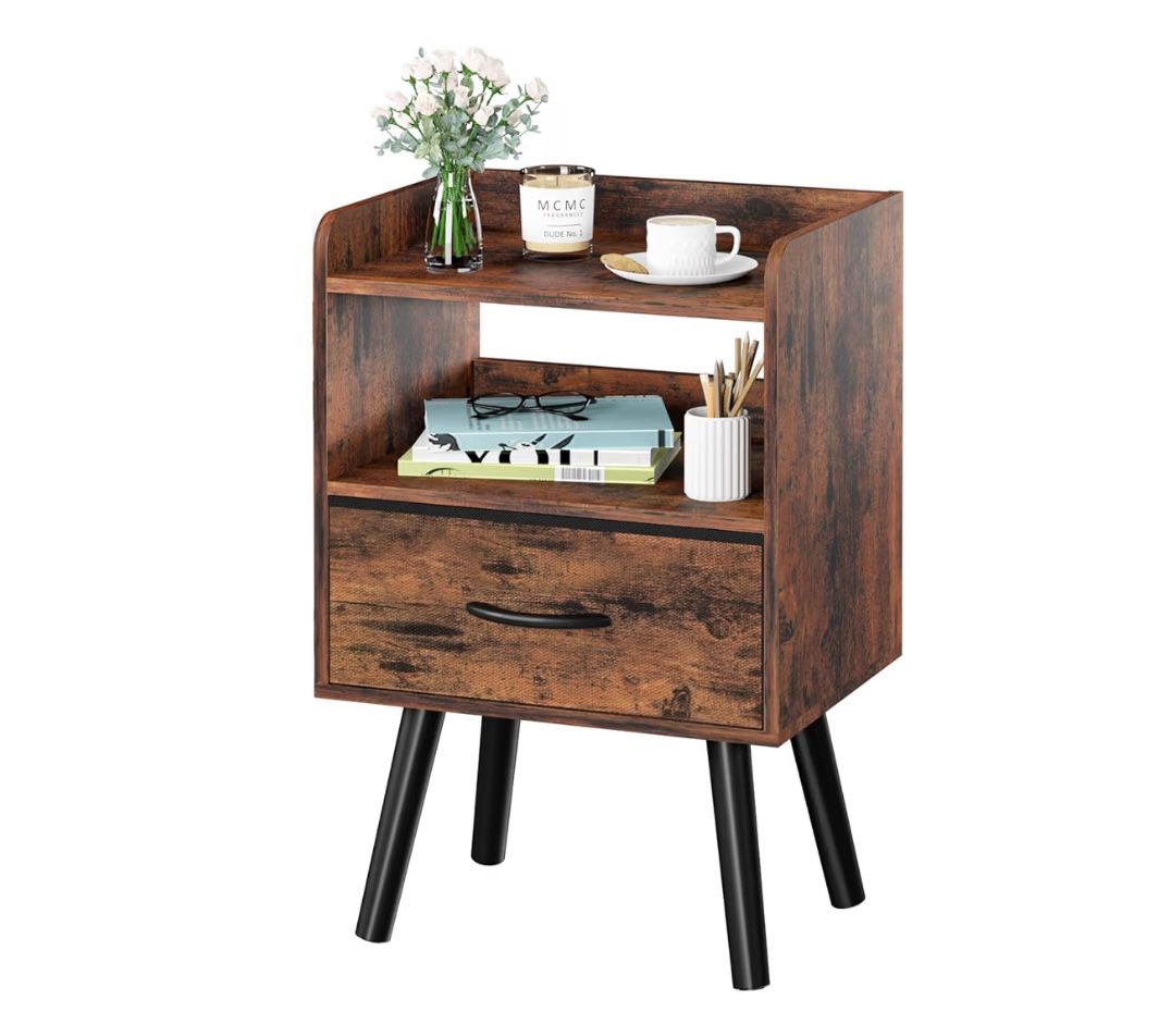 Yoobure Night Stand with Fabric Drawer, Modern Nightstand, Bedside Tables, Mid Century Nightstands with Open Storage Shelf, Wood Bedside Table, Small 