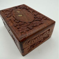 Hand-Carved Wooden Jewelry Box with Brass Inlay