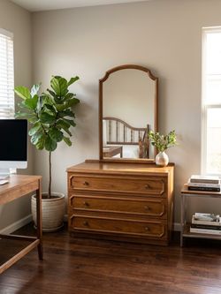 Vintage Mid-Century Oak Triple Dresser with Arched Mirror