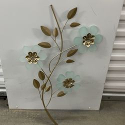 Blue Cherry Blossom Branch Metal Wall Decor - Gold & Frosted Blue Flowers, Used in Good Condition!