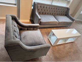 Elegant Tufted Grey Sofa + Armchair Set