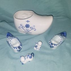 Delft Antique Porcelain Shoe + 2 Small Shoes Cat and Duck Please See Description
