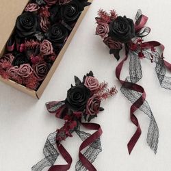 Ling's Moment 8 Wedding Artificial Aisle Pew Flowers Chair Decorations Arrangements with Chiffon Ribbons Black Burgundy for Ceremony Chair Back Floral