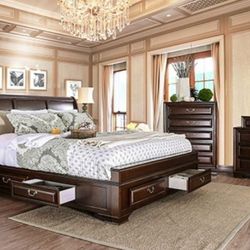 Brand New Brown Cherry 4pc Queen Bedroom (Available In California & Eastern King)