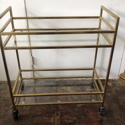 Brush  Gold Rolling Metal Bar Cart with Glass Shelves