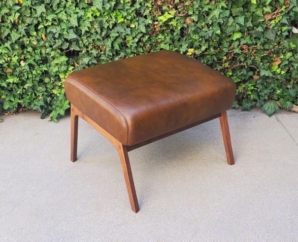 NEW ARTICLE OTIO 22" MCM BROWN LEATHER & WALNUT OTTOMAN