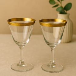 Tiffin Franciscan 1960s Laurel Set Of 2 Gold Encrusted Rim Wine Glasses 3.5x6.5”
