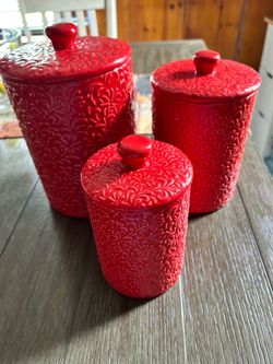 10 Strawberry Street Fleur Embossed 3-Piece Red Ceramic Canister Set.