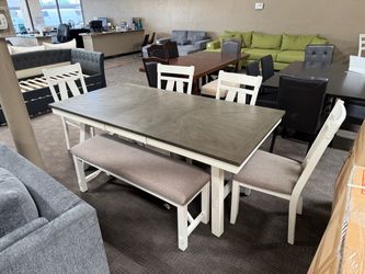 Farmhouse Two-Tone Dining Table Set with Bench and Chairs