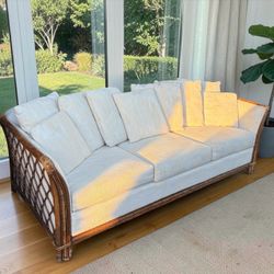 Vintage 90’s Rattan Frame Sofa with Linen Like Cushions
