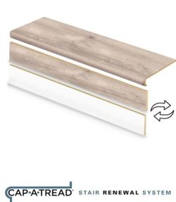 Cap A Tread
2 Pack-Chiffon Lace Oak/Vale View Oak 47" L x12. 15" W x 2. 28" T Laminate l Overlay Stair Tread and Reversible Riser Kit