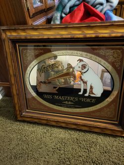 Mirror picture from the 1960s, perfect wood frame large. His master's voice in the dog's name is nippy
