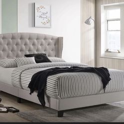 Queen Bed Set - Tufted Wingback Frame Mattress Boxspring & More