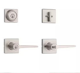 Hollis Satin Nickel Keyed Entry Door Lever and Single Cylinder Deadbolt Combo Pack featuring SmartKey Security
