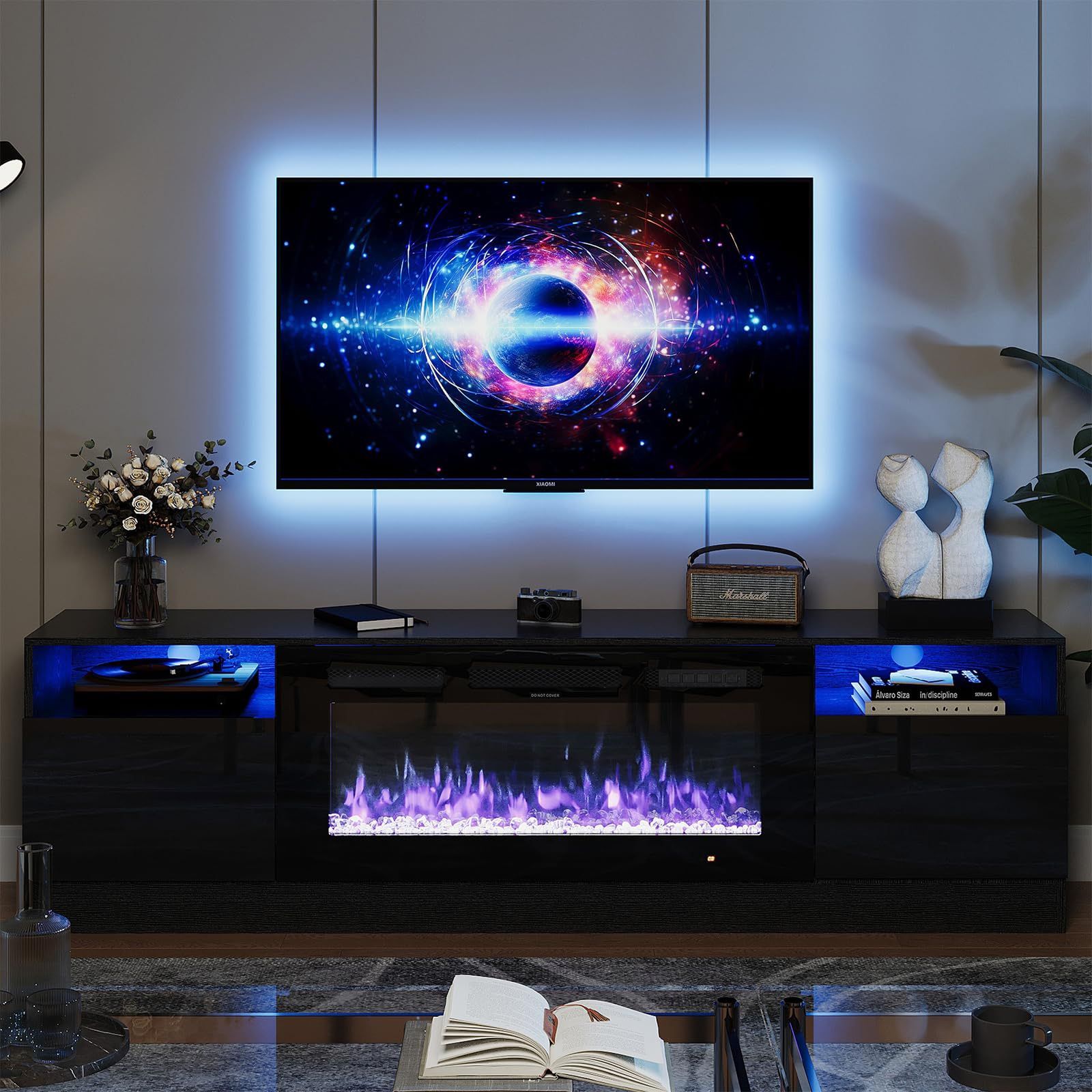 Fireplace TV Stand with 36" Electric Fireplace, 70 inches, Black Modern Wood Texture Entertainment Stand, LED Light Entertainment Center, with Highlig
