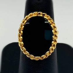 18k solid yellow gold 7 Ct Oval Black Onyx Stone Cable bezel Vintage ring sz 5.75