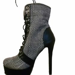 Black And White Checkered High Heel Booties