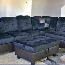 Dark Blue Sectional + Storage Ottoman  — Left or Right Chaise — Delivery Available 