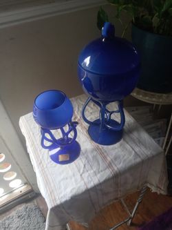 2 Cobalt Blue Glass Art Pedestals, 40 For Both, One Is 11 1/2 In Tall And Other Is 7 In Tall