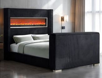 Brand New Black Queen Bed Frame w Fireplace Simulator plus TV Lift (Available in Eastern King)