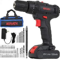 XERATH Cordless Drill Driver Kit, 20V Max Impact Hammer Drill Set W/ Lithium-Ion Battery, Built-In LED