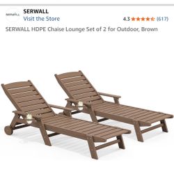 NEW!  ASSEMBLED SERWALL HDPE Chaise Lounge Set of 2 for Outdoor, Brown
