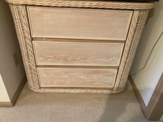 Wicker and Wood 3-Drawer Dresser plus glass round table
