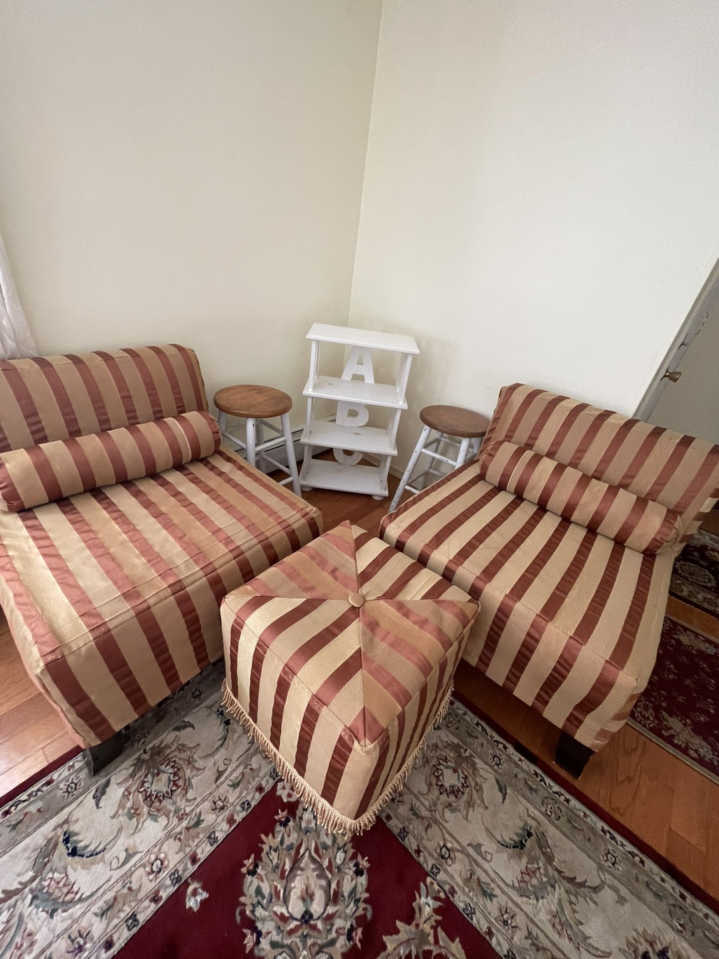 2 Slipper Chairs, Ottoman, 2 Stools, And ABC Rack