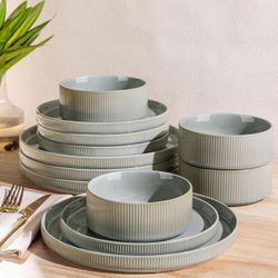 TheTerra Ceramic Dinnerware Sets for 4, 12 Pieces Porcelain Lightweight Plates and Bowls Sets, Desert Sage