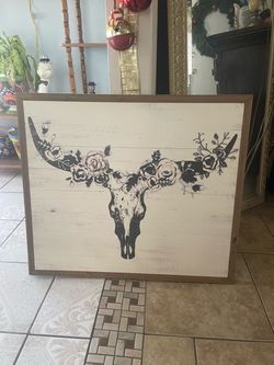Framed Boho Bull Skull Floral Wall Art