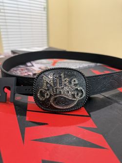 NEW Nike Country Rhinestone Plaque Buckle Leather Belt Black Size Large