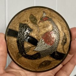 Vintage Brass Round Peacock Trinket Jewelry Box