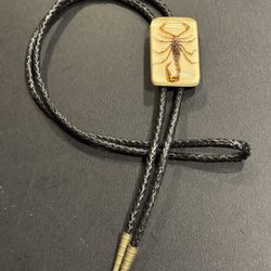 Lucite Scorpion Medallion on Black Bolo Tie, nice condition.