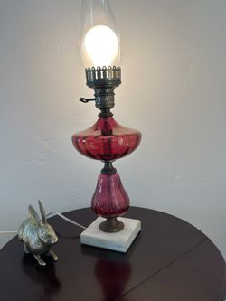 Vintage Cranberry Glass Marble Base Table Lamp Works